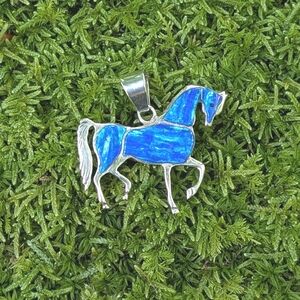 Vintage Sterling Silver & Blue Opal Navajo Horse Necklace Pendant